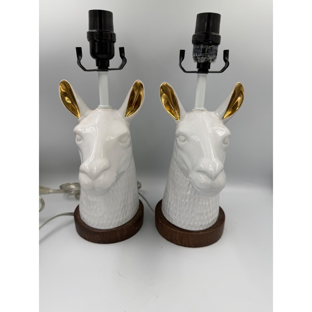 White Ceramic Llama Head Table Lamps Gold Ears Wood Base Set of 2 Animal Decor